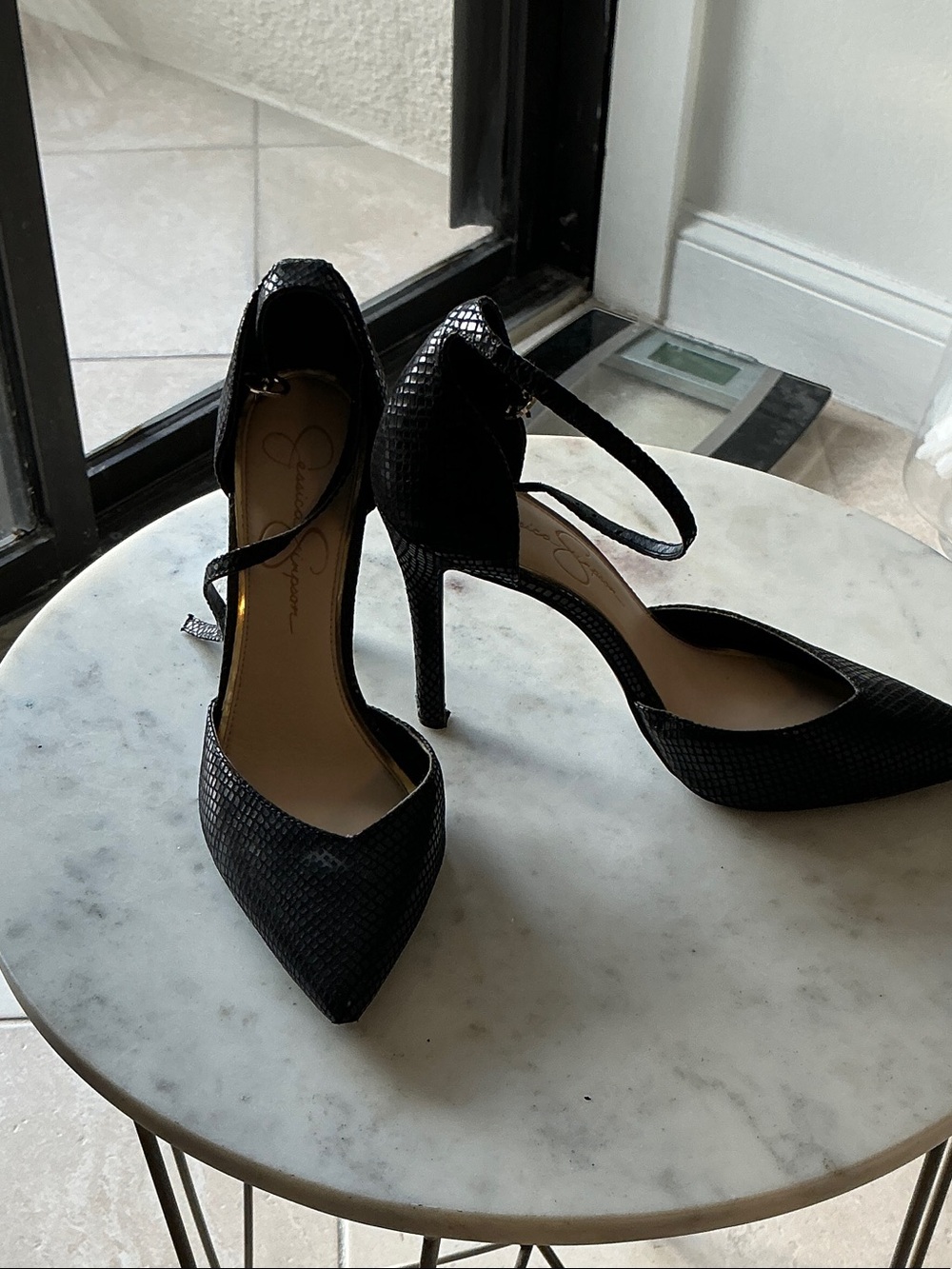 Jessica Simpson Black Textured Pointed-Toe Ankle-Strap Heels